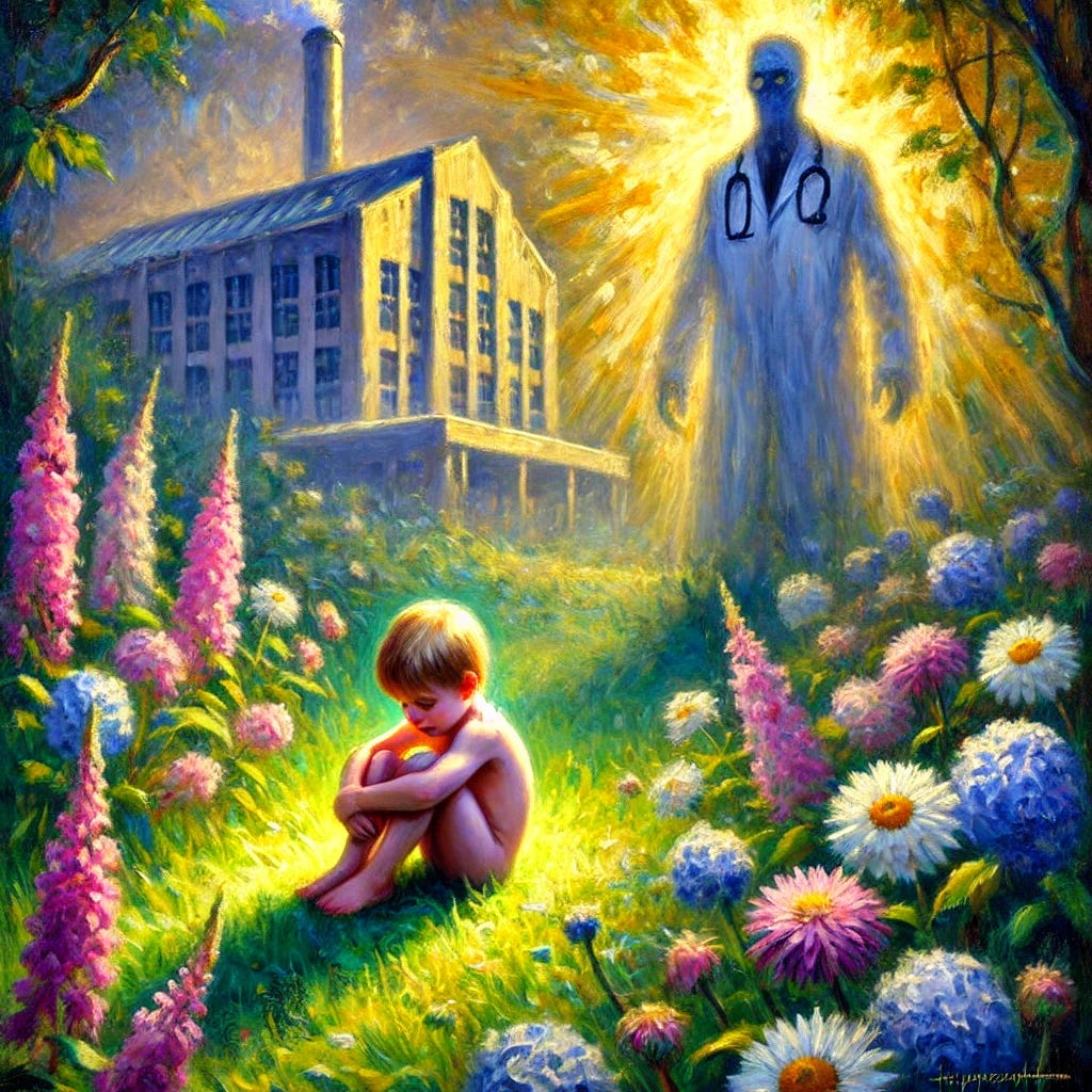 An impressionist oil painting emphasizing childhood health and the potential threats of overmedicalization. The scene depicts a small child sitting peacefully in a sunlit meadow, surrounded by blooming flowers symbolizing natural healing. In the background, an ominous, shadowy figure of a doctor looms near a sterile, clinical building, representing the overreach of medical interventions. The child is protected by a soft glow of light, symbolizing natural resilience and parental care. The colors are rich and expressive, blending vibrant greens and golds in the foreground with darker, cooler tones in the background to convey contrast and tension.