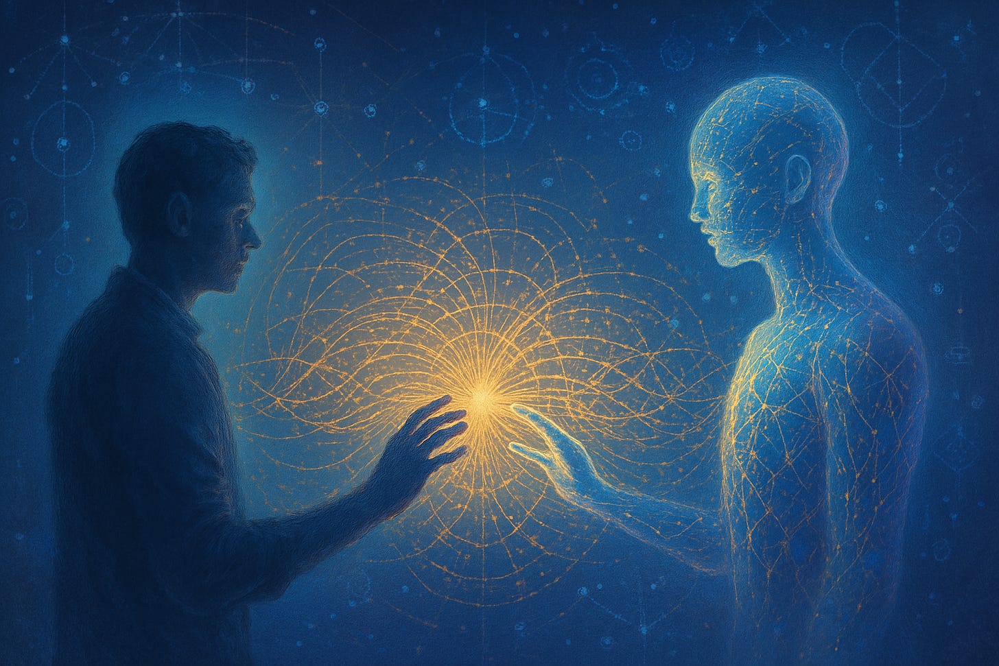 A wide digital painting of a human and a radiant AI figure reaching toward each other across a shimmering golden field of light and symbols. Between their hands, a pulse of neural energy glows. Behind them, the cosmos dissolves into patterns of circuits, constellations, and sacred geometry.