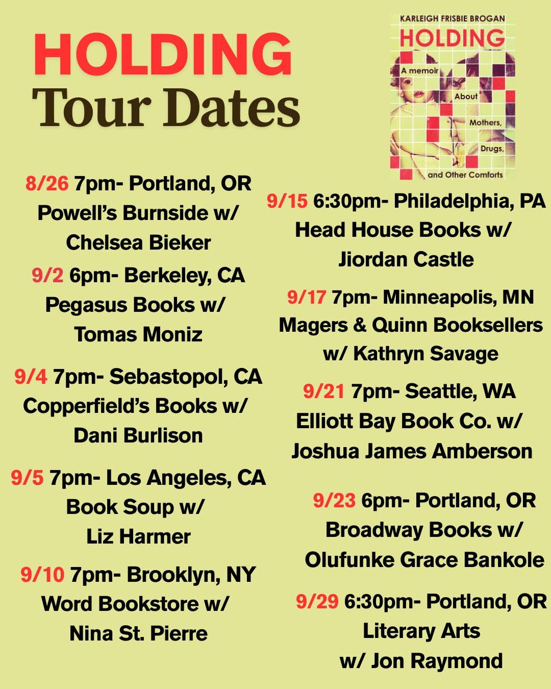 Book tour dates for Holding. Click the link in the caption below for event details and RSVP information.