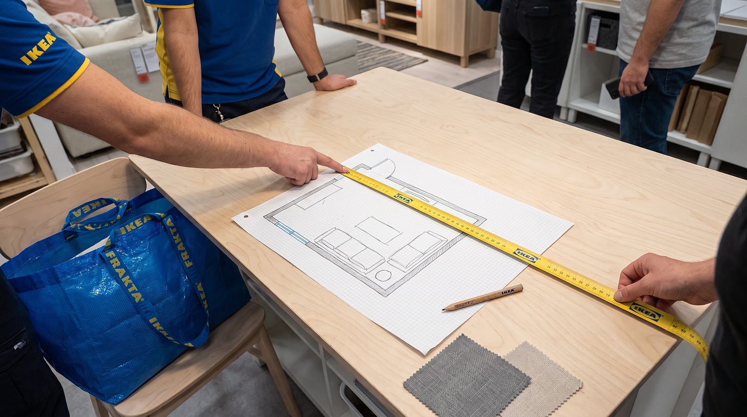 Op een planningstafel in een IKEA-winkel ligt de plattegrond van een woonkamer met het gele papieren meetlint erover Op een planningstafel in een IKEA-winkel ligt de plattegrond van een woonkamer met het gele papieren meetlint erover