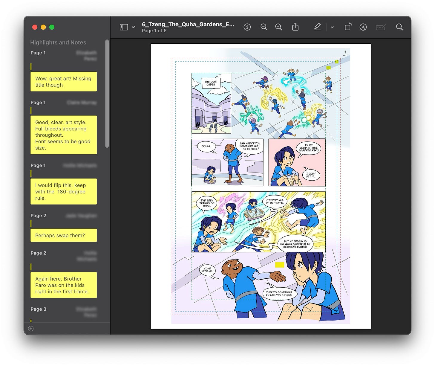 A screenshot of a comic book page with electronic sticky notes filled with editor comments. 