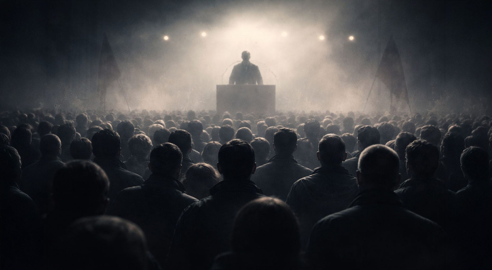 A large crowd faces a shadowed political leader standing at a podium under bright, hazy lights, with faces blurred and the atmosphere tense, emphasizing mass conformity and anonymous power.