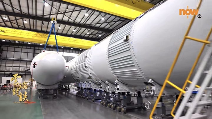 Kinetica-2's first-stage, second-stage, and fairing being prepared for the rocket debut flight and ahead of being sent to the launch site.