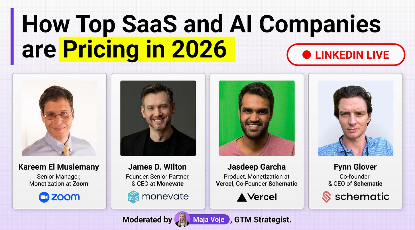 A LinkedIn Live event graphic titled "How Top SaaS and AI Companies are Pricing in 2026" (with "Pricing in 2026" highlighted in yellow). Four speakers are featured in individual cards: Kareem El Muslemany, Senior Manager of Monetization at Zoom; James D. Wilton, Founder, Senior Partner, and CEO at Monevate; Jasdeep Garcha, Product and Monetization at Vercel and Co-Founder of Schematic; and Fynn Glover, Co-founder and CEO of Schematic. The event is moderated by Maja Voje, GTM Strategist. Company logos for Zoom, Monevate, Vercel, and Schematic are displayed beneath each speaker. The background is light purple with a grid pattern. A LinkedIn Live event graphic titled "How Top SaaS and AI Companies are Pricing in 2026" (with "Pricing in 2026" highlighted in yellow). Four speakers are featured in individual cards: Kareem El Muslemany, Senior Manager of Monetization at Zoom; James D. Wilton, Founder, Senior Partner, and CEO at Monevate; Jasdeep Garcha, Product and Monetization at Vercel and Co-Founder of Schematic; and Fynn Glover, Co-founder and CEO of Schematic. The event is moderated by Maja Voje, GTM Strategist. Company logos for Zoom, Monevate, Vercel, and Schematic are displayed beneath each speaker. The background is light purple with a grid pattern.