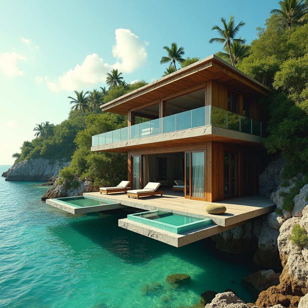 A luxurious, 3-story, 10-bedroom Jamaican timber home, with large windows, elevated platforms, and glass pools cantilevered over the turquoise Caribbean Sea, set on the picturesque 7 Mile Beach in Negril Town, Jamaica. Weathered wooden accents, lush tropical foliage, and rugged rock formations surround the modern, elegant structure.