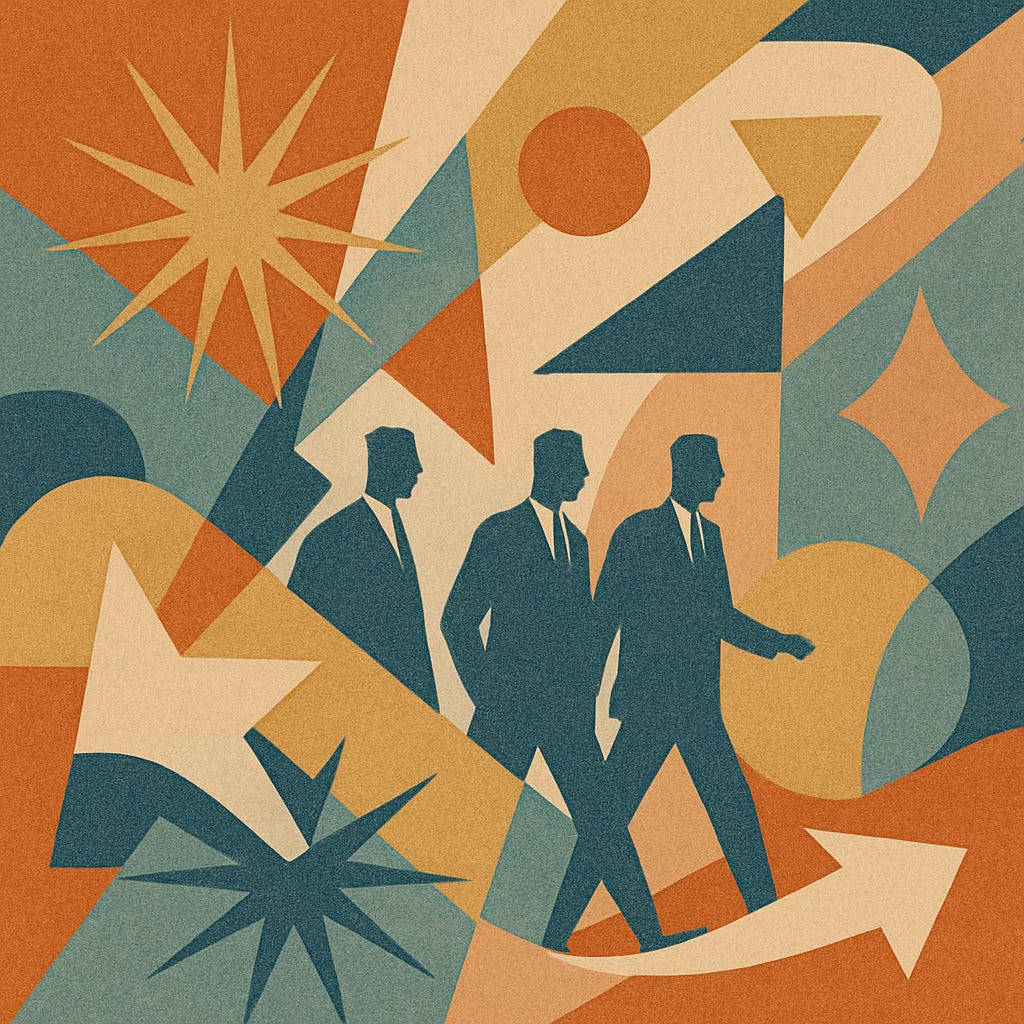 Illustration titled Ad Men Advantages, showing three men in suits walking across a backdrop of abstract shapes, stars, and arrows in vintage-style tones.