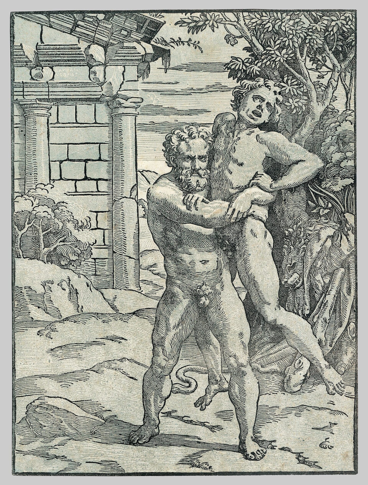 Ugo da Carpi, after Raphael, Hercules and Antaeus, about 1517 to 1518. Chiaroscuro woodcut from two blocks. The Metropolitan Museum of Art, New York.