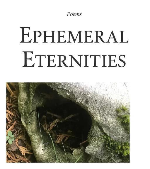Book cover for Ephemeral Eternities by Surreption. The title appears above a close-up photograph of a moss-covered animal skull, partially buried in forest floor debris—evoking themes of decay, memory, and hidden reverence.
