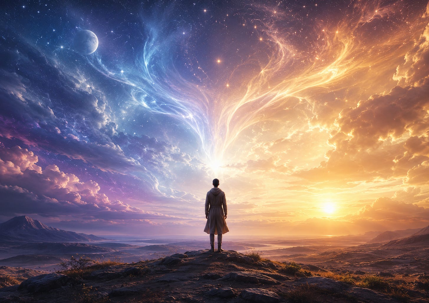 A solitary figure standing in stillness within an open landscape or quiet clearing, surrounded by subtle dual-toned light that symbolizes the reconciliation of opposites within the self. A solitary figure standing in stillness within an open landscape or quiet clearing, surrounded by subtle dual-toned light that symbolizes the reconciliation of opposites within the self.
