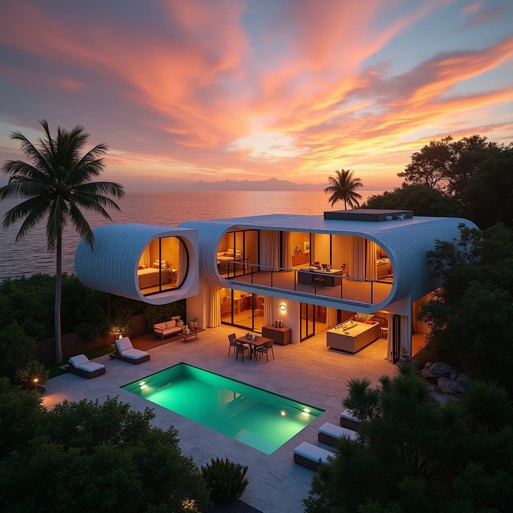 A 15-bedroom modern Jamaican container home with large, rounded openings, bold architectural lines, and vibrant tropical surroundings, set against a breathtaking Caribbean sunset backdrop.