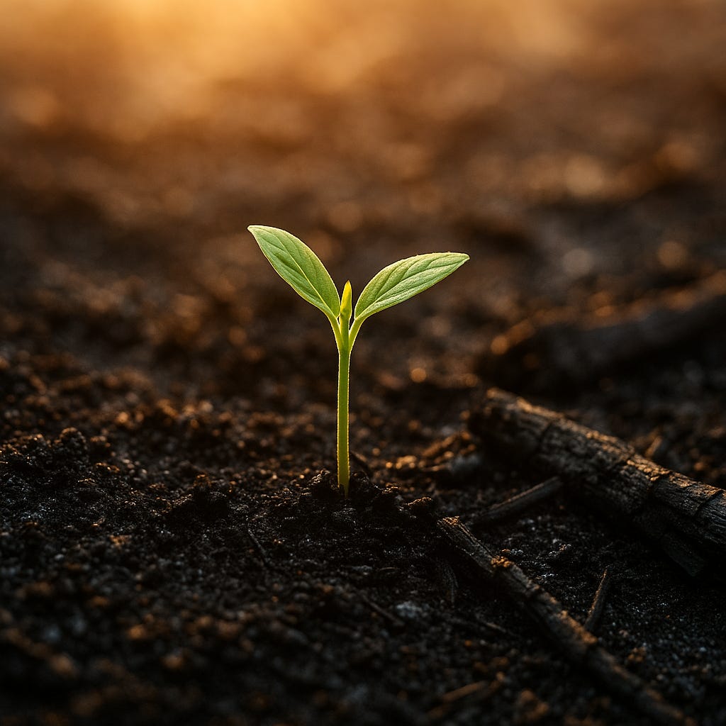 A small green sprout pushes through dark ash and charred wood in soft morning light, symbolizing new beginnings and faith after loss.