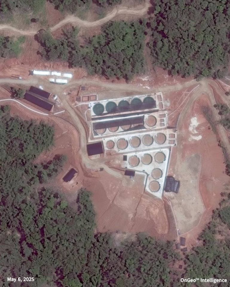 Kok mine : A rare earths mine site on the west side of the Kok River as seen from space on October 26, 2024, and May 6, 2025. (Google Earth and OnGeo Intelligence via the Shan Human Rights Foundation)