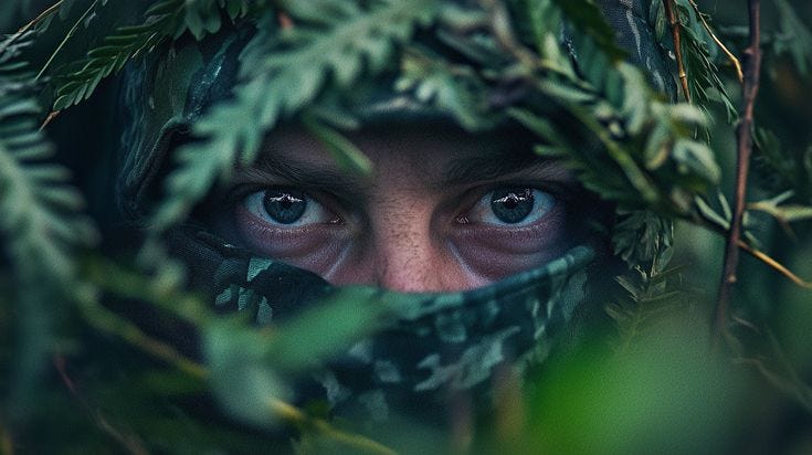 This may contain: a person with blue eyes is hiding in the leaves and looking out from behind them