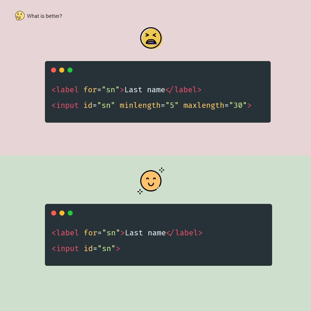 A wrong code. The maxlength attribute. A value is 30. A correct code. This attribute is not used