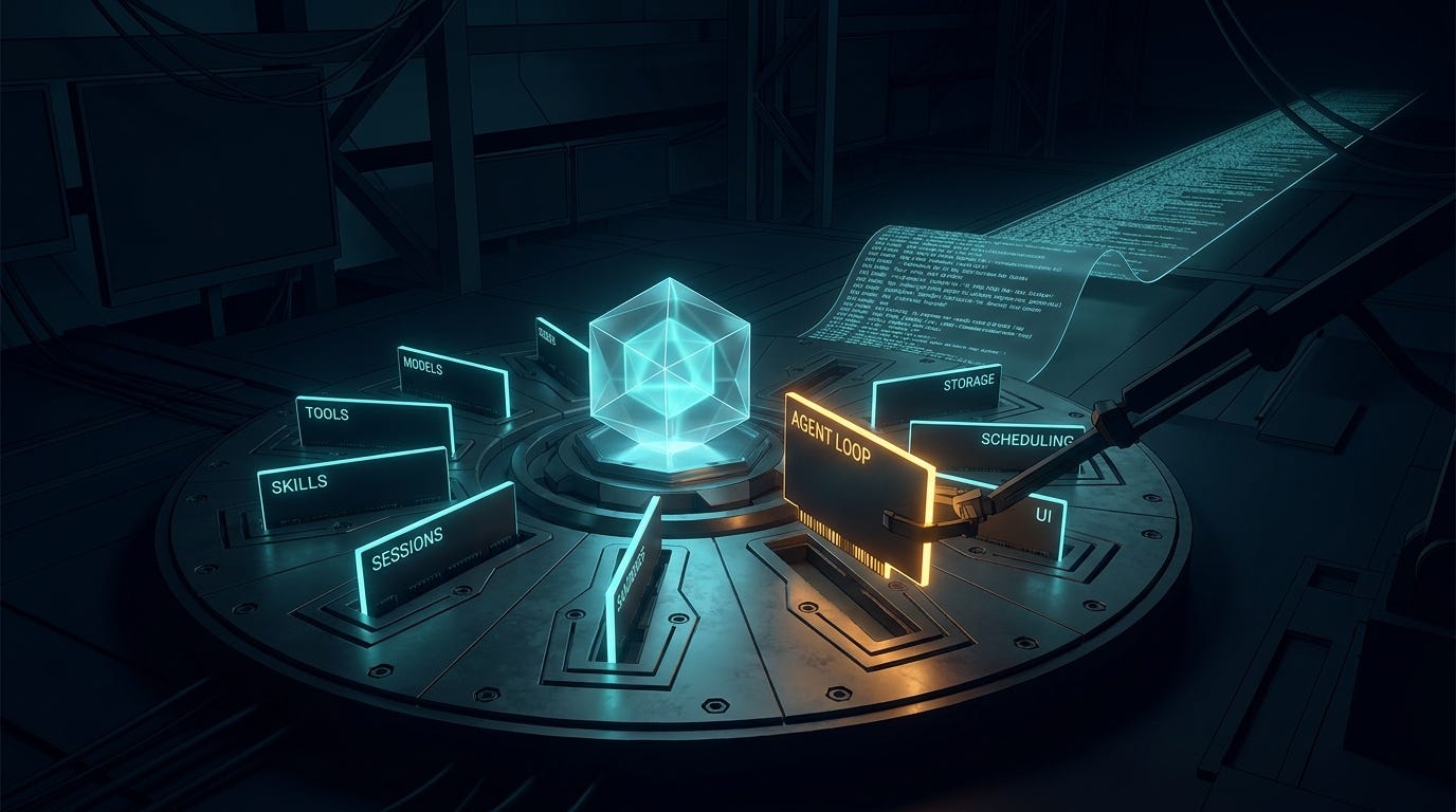 A glowing kernel core on a hexagonal socket board with cyan plugin cards labeled MODELS, TOOLS, SKILLS, SESSIONS, STORAGE, SCHEDULING and UI, while an amber card labeled AGENT LOOP is lifted out for replacement and a ribbon of log lines streams into the distance