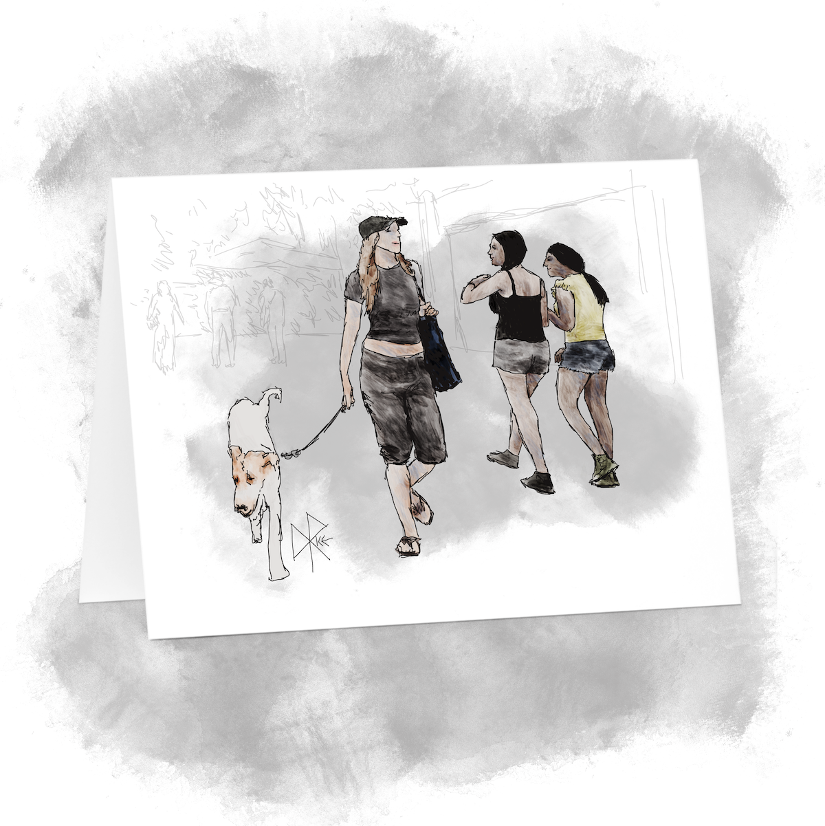 A woman walks her dog as two teen friends walk past in the other direction. Sketch art by Don Rice. A woman walks her dog as two teen friends walk past in the other direction. Sketch art by Don Rice.
