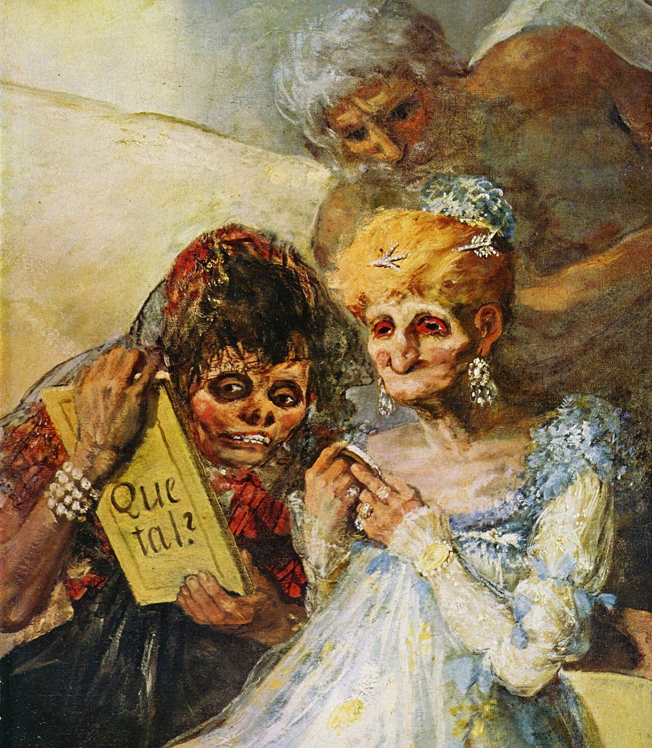 Two decrepit old women dressed as young beauties while a winged figure of Time raises a broom Two decrepit old women dressed as young beauties while a winged figure of Time raises a broom