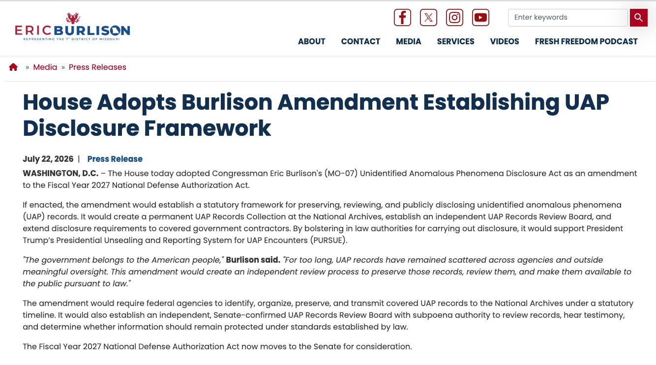 Screengrab of Rep. Eric Burlison's official congressional press release announcing UAPDA made it as amendment into House NDAA