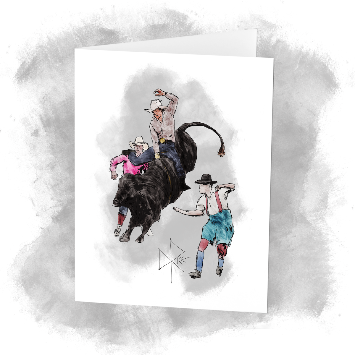 Two rodeo clowns prepare to distract the bull as the rider nears the conclusion of his ride. Sketch art by Don Rice.