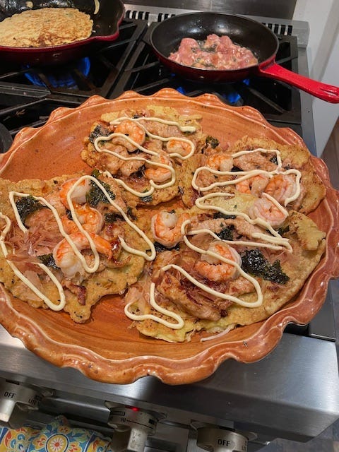 Made at home, topped with shrimp and pork. Not decorated as precisely!