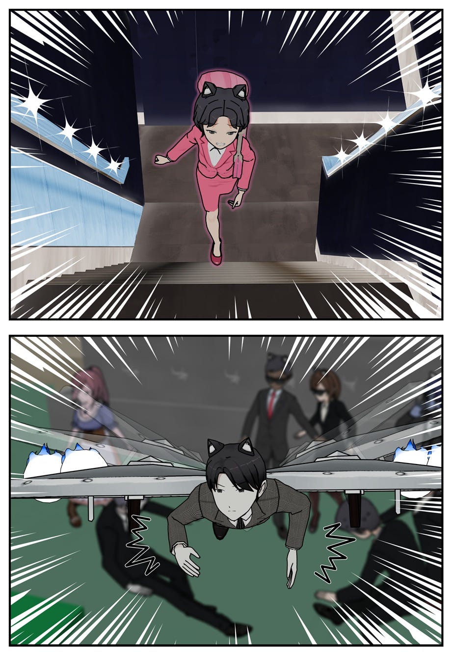 Rae struggles to run upstairs. Ace activates his wings, knocking down agents and taking off.