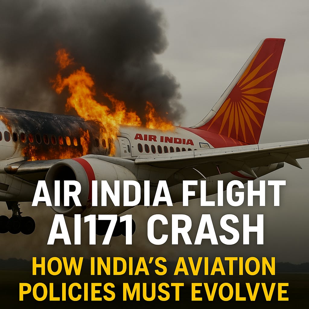 generate a thumbnail image for Air India Flight AI171 crash newsletter, featuring a symbolic depiction of a Boeing 787 aircraft, a dark sky, and a subtle flame or smoke element to convey the gravity of the incident.