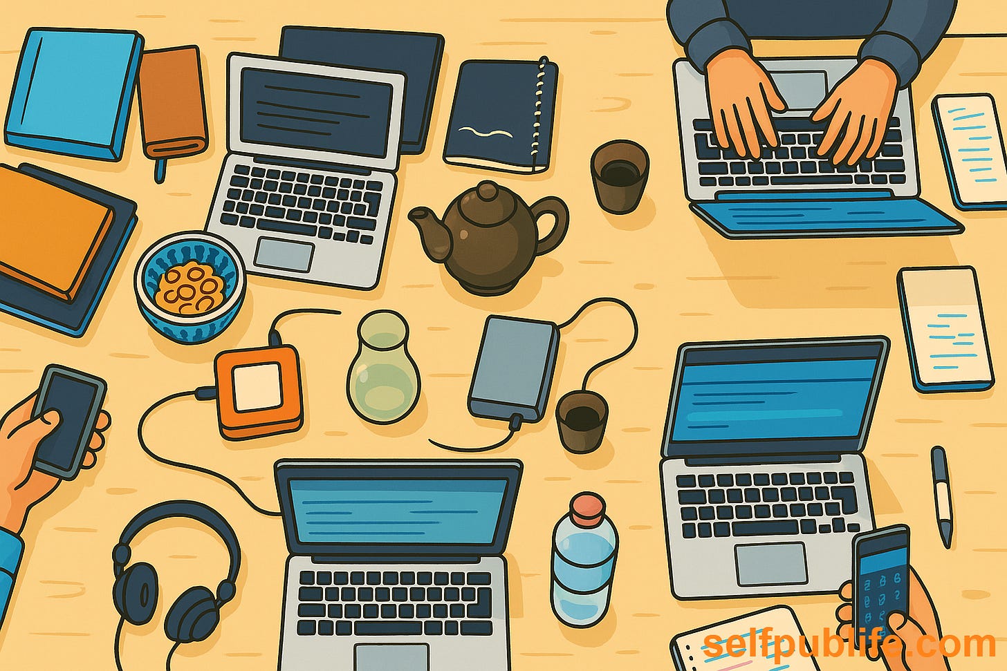 Cartoon image of collaboration workspace with multiple laptops, devices, writing pads. Cartoon image of collaboration workspace with multiple laptops, devices, writing pads.
