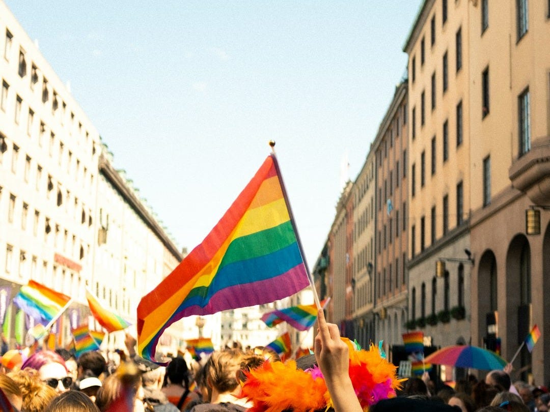 a crowd of people holding rainbow colored flags