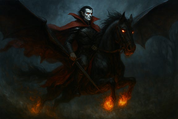 Strahd flies astride Bucephalus, his nightmare steed. The sky is stormy and dark, with swirling clouds and distant lightning. Bucephalus gallops through the air, hooves never touching the wind, fire flickering from its nostrils. Strahd sits tall in the saddle, his crimson cloak billowing behind him. His face is resolute, eyes fixed forward, expression unreadable but commanding. The atmosphere is gothic, cinematic, and filled with tension.