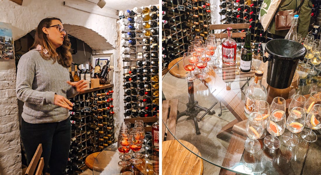 Two pictures - one of a woman in a grey jumper in a cellar talking, and one of a table filled with sample gin glasses and bottles