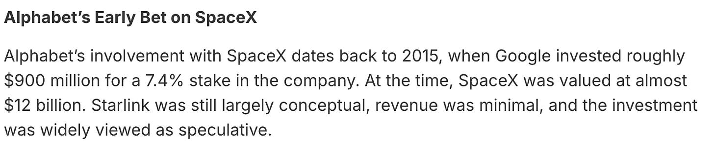 Text excerpt describing Alphabets 2015 investment of 900 million dollars in SpaceX Text excerpt describing Alphabets 2015 investment of 900 million dollars in SpaceX