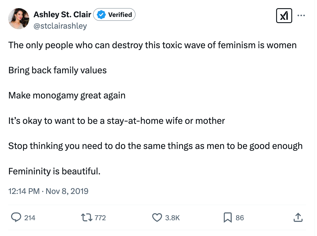 The only people who can destroy this toxic wave of feminism is women Bring back family values Make monogamy great again It's okay to want to be a stay-at-home wife or mother Stop thinking you need to do the same things as men to be good enough Femininity is beautiful