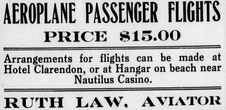 Newspaper advertisement showing "Ruth Law" is now the aviator providing plane rides for Clarendon guests. Newspaper advertisement showing "Ruth Law" is now the aviator providing plane rides for Clarendon guests.