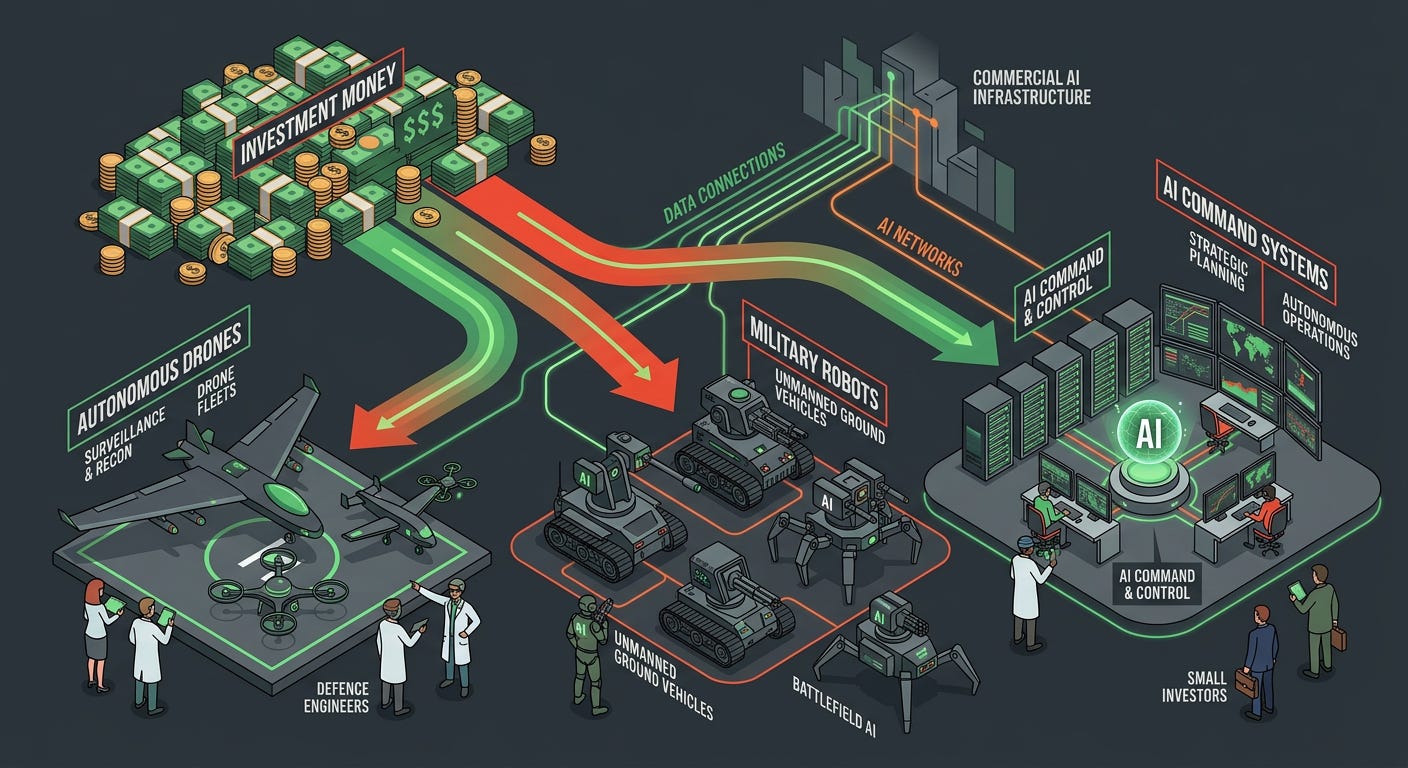 Flat isometric illustration of a giant pile of investment money flowing into autonomous drones, military robots and AI command systems, small investors and defence engineers standing around the machines, glowing data connections linking commercial AI infrastructure to military hardware, deep charcoal background, clean vector art style, bold red, green and grey palette, modern defence technology editorial aesthetic Flat isometric illustration of a giant pile of investment money flowing into autonomous drones, military robots and AI command systems, small investors and defence engineers standing around the machines, glowing data connections linking commercial AI infrastructure to military hardware, deep charcoal background, clean vector art style, bold red, green and grey palette, modern defence technology editorial aesthetic