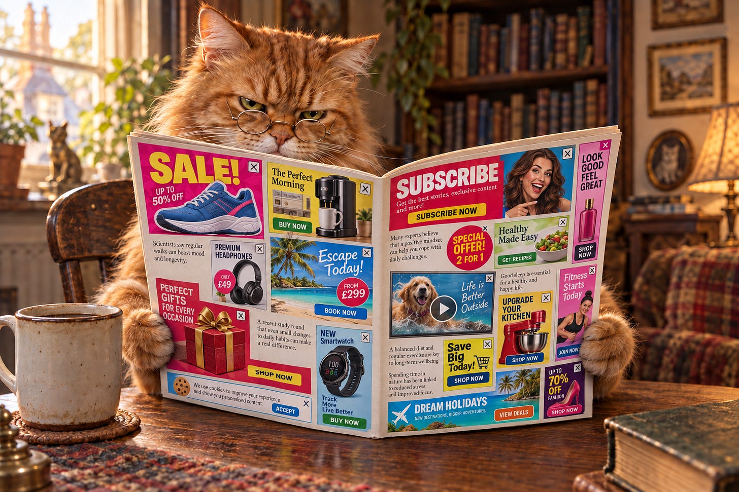 Cat reading a magazine that is majority adverts
