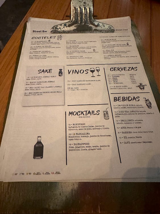Sutorīto Māketto's menu comes in a clipboard. The focuses are sushi, snacks, and rice bowls and noodles