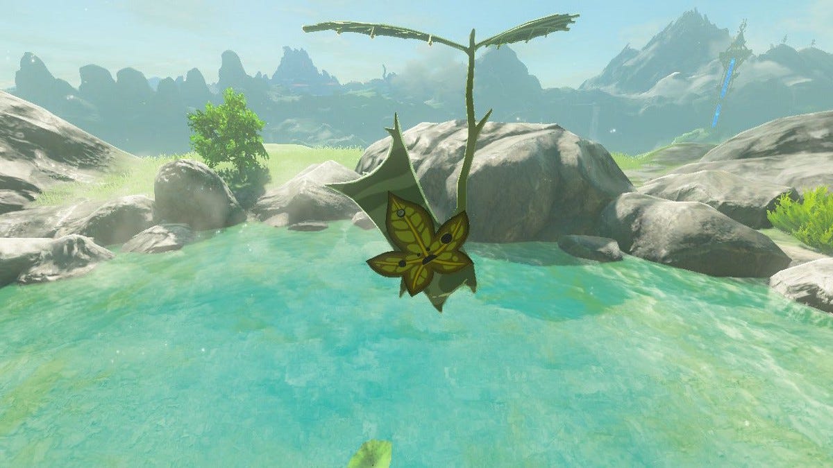Korok hovering over a crystalline mountain pond