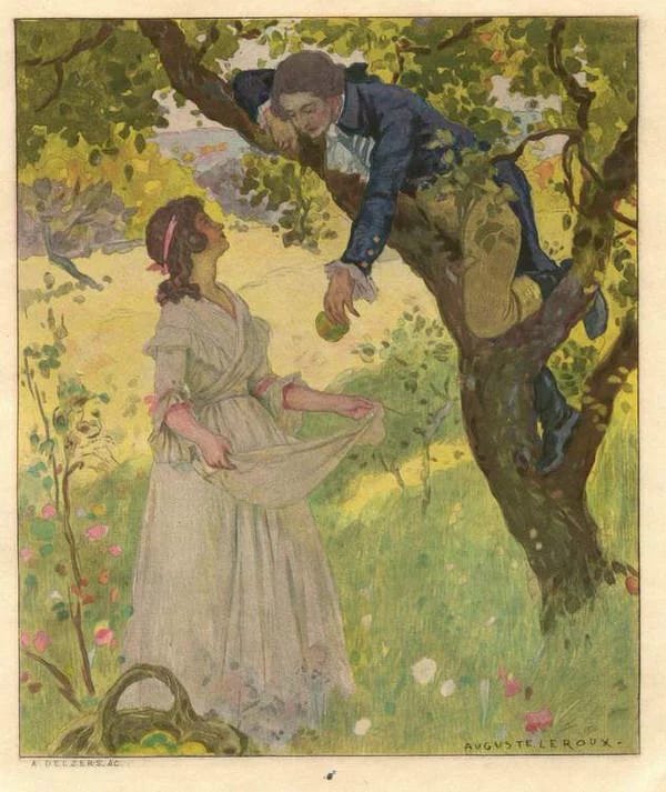 This may contain: an illustration of a man picking apples from a tree while a woman looks at him