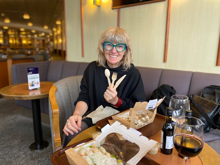 On board Irish Ferries with salad and wine