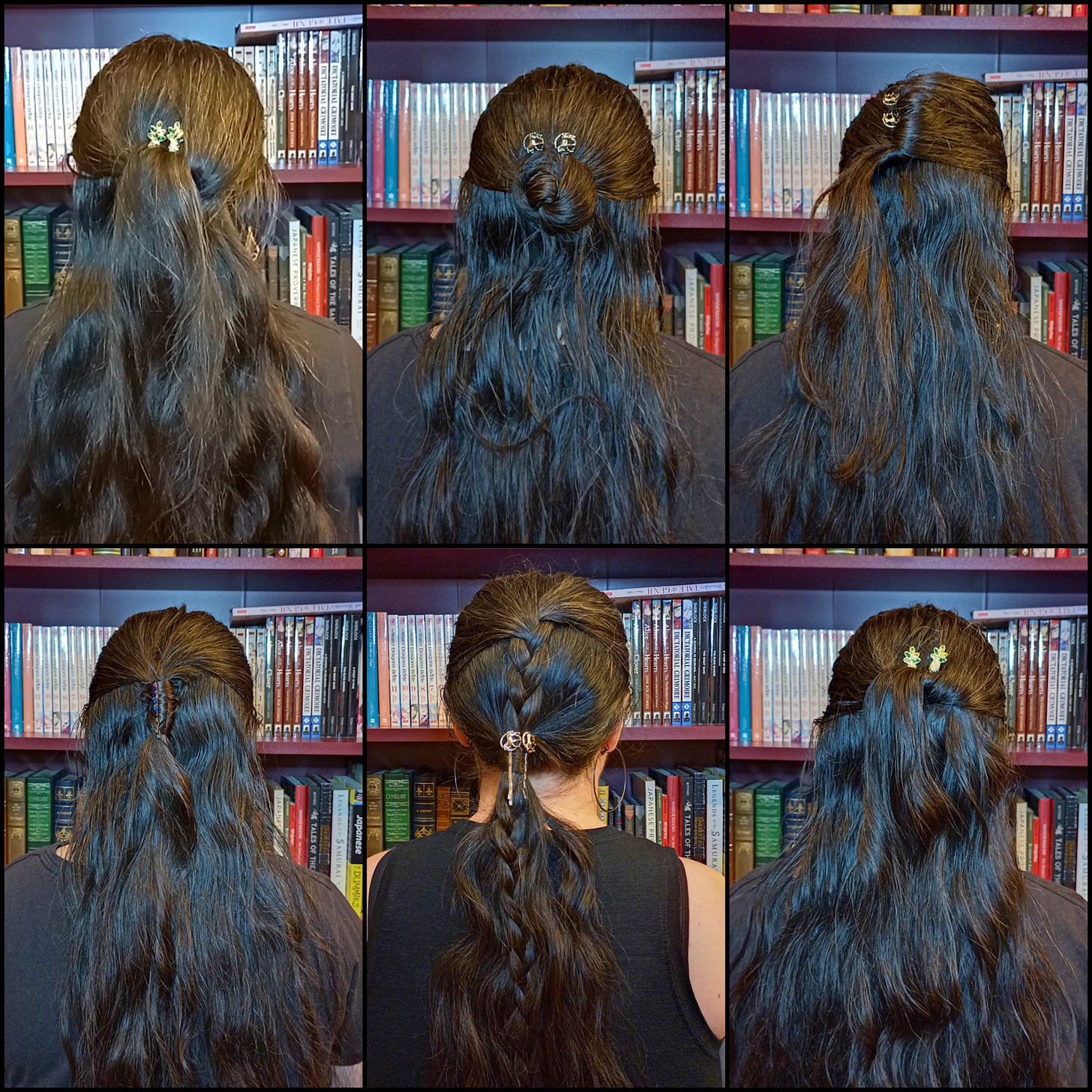 Collage of woman with brown hair wearing bobby pins in different hairstyles