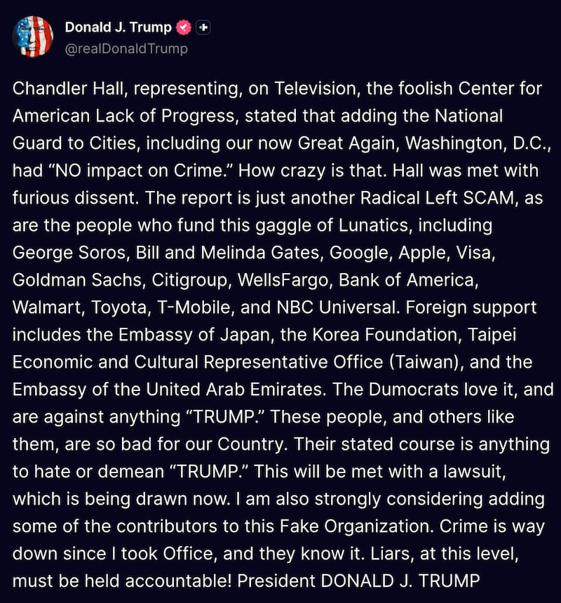 Screenshot of Trump's Truth Social post. Screenshot of Trump's Truth Social post.