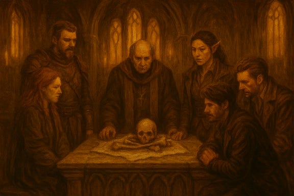 Create an image of Fleetwood, Clarion, Silverleaf, Felonious, and Greegan gathered around the altar at St. Andral's Church with Father Lucian, with the bones of St. Andral resting on the altar
