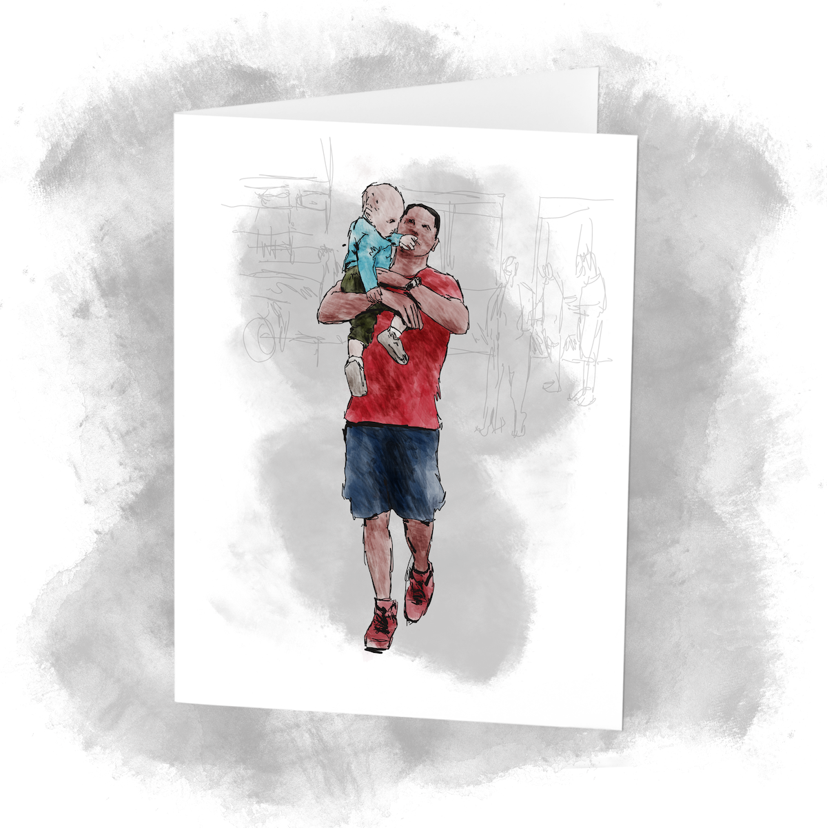 While being carried, a baby squirms in a man’s arms and uses full strength to push a hand into the man’s face. Sketch art by Don Rice. While being carried, a baby squirms in a man’s arms and uses full strength to push a hand into the man’s face. Sketch art by Don Rice.
