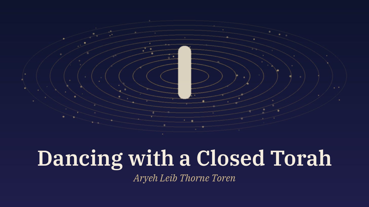 Abstract image of soft concentric gold rings circling a pale vertical form, like dancers around a wrapped scroll, on a deep midnight-blue background, with the title "Dancing with a Closed Torah" and the byline "Aryeh Leib Thorne Toren".