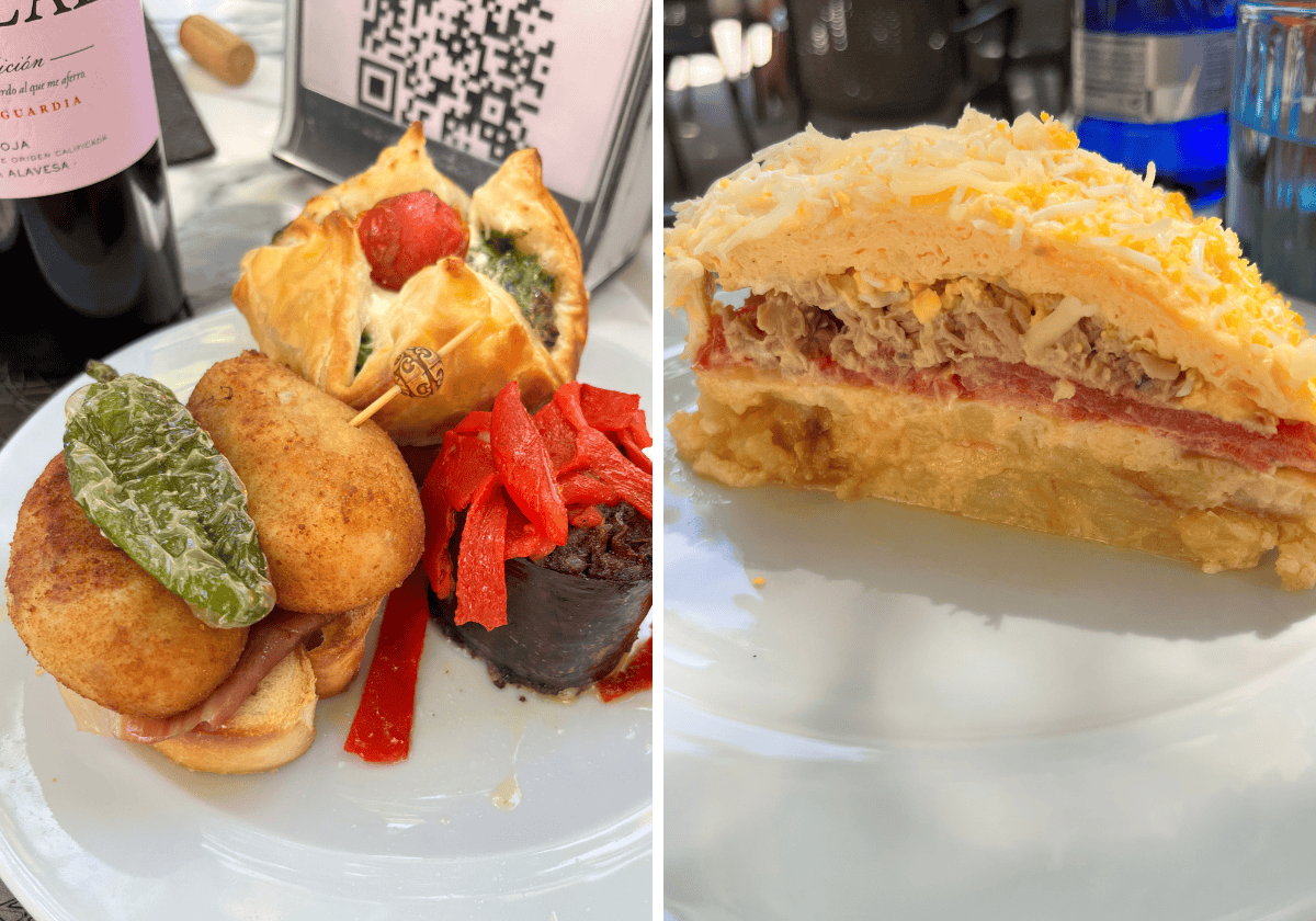 Pintxo plate and tuna potato omellete on white round plates Pintxo plate and tuna potato omellete on white round plates