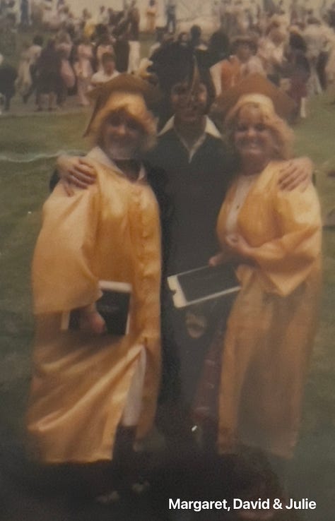 Top Left: David Copperfield; Top Middle: David & Margaret; Top Right: Margaret, David & Julie at Graduation, Bottom Left: David & Julie Sadie Hawkins Dance 1981; Bottom Right: Margaret & Julie