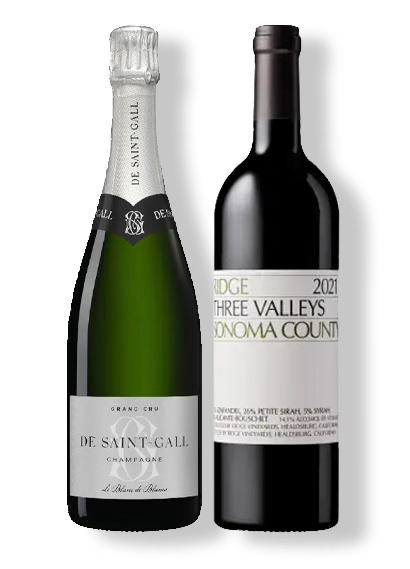 Bottle of de saint-gall blanc de blancs grand cru champagne and ridge three valleys Sonoma county zinfandel
