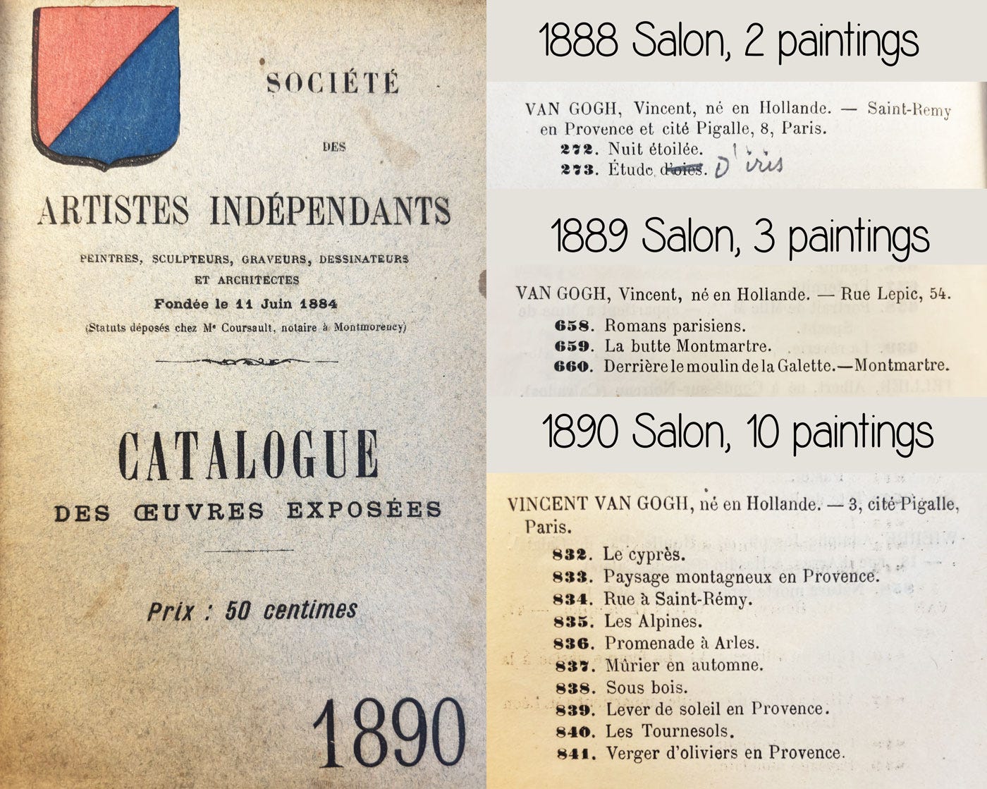 The Salon des Indépendants catalogues of 1888, 1889 and 1890 that displayed Vincent van Gogh paintings. Photos by the author.