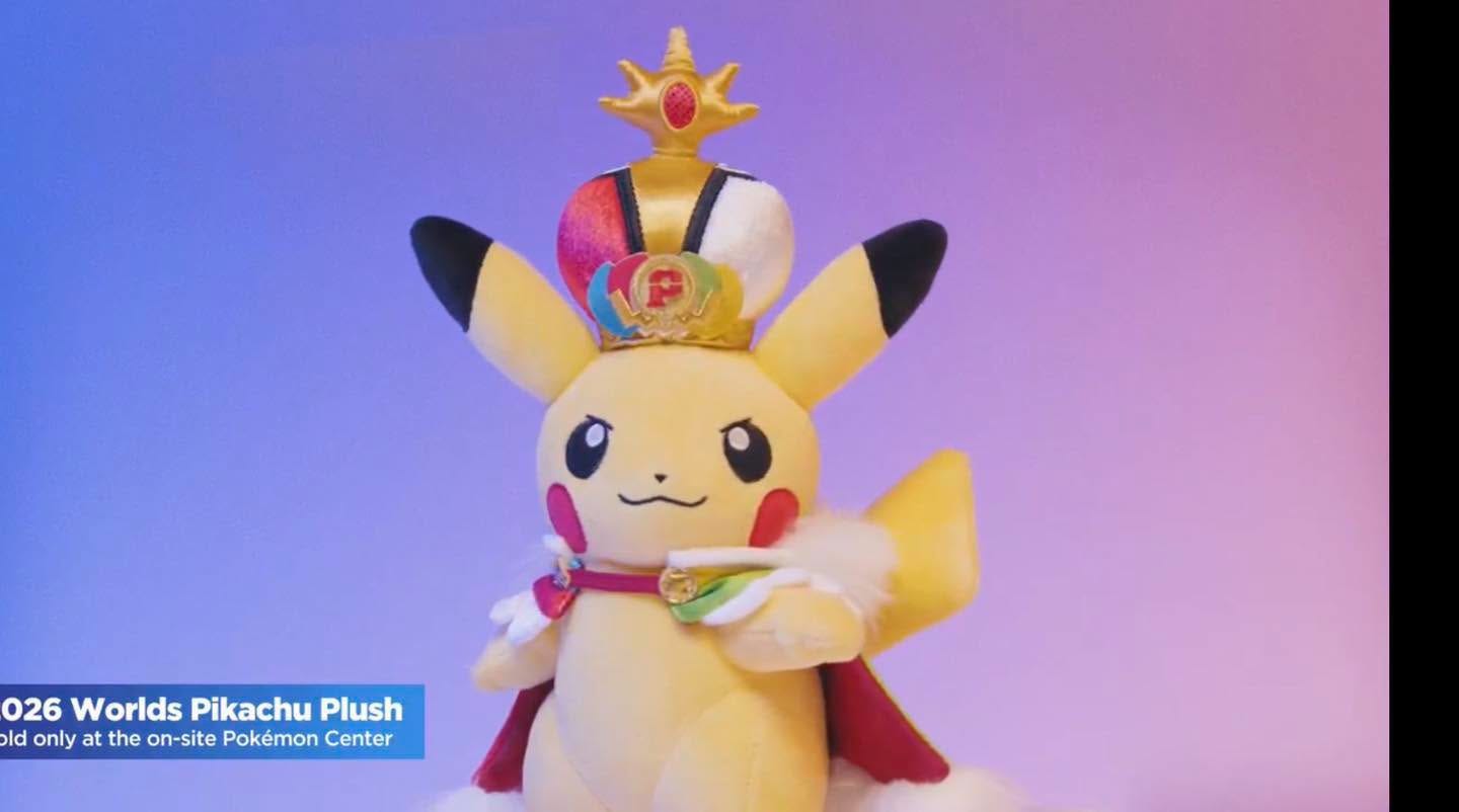 May be an image of video games, toy and text that says '026 Worlds Pikachu Plush ld only at the on-site Pokémon Center'