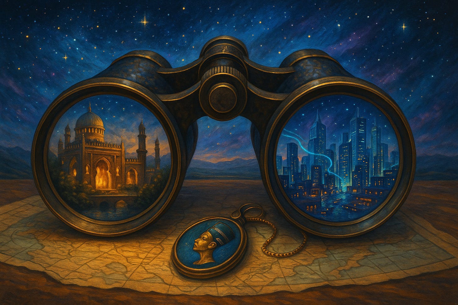 a surreal, imaginative illustration of a pair of binoculars looking out onto a historical fantasy world with a magical Moorish castle through one eye and a modern fantasy city through the other eye with a starry sky in the background
